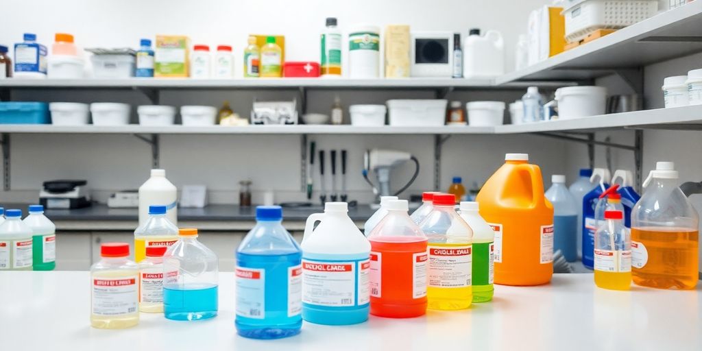 Chemikalien und Laborausrüstung zur Vorbehandlung von Oberflächen.